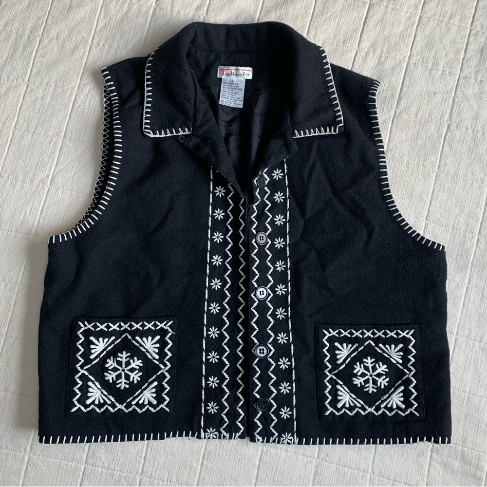 Talbots Vintage Women’s Snowflake Wool Vest‎ Black Size Large